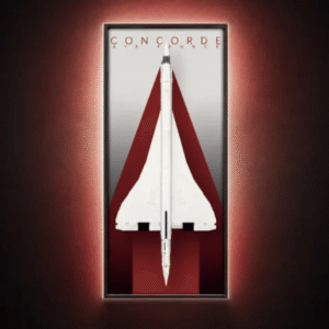 LED Wall Display Frame for LEGO Icons Concorde Set 10318 from BrickZoneHub showing the Concorde model with a red LED glow