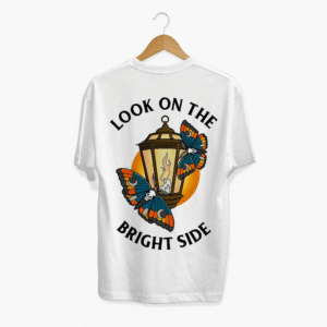 Look On The Bright Side T-Shirt from Broken Society showing the lantern and moth graphic on the back of the white T-shirt