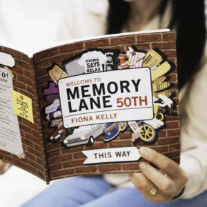Personalised Book - Memory Lane 50th Birthday from Card Factory showing the personalised Memory Lane 50th book cover held open