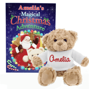 Personalised Magical Christmas Adventure Story Book and Personalised Teddy Bear from Card Factory showing a Christmas story book and teddy wearing a personalised white jumper