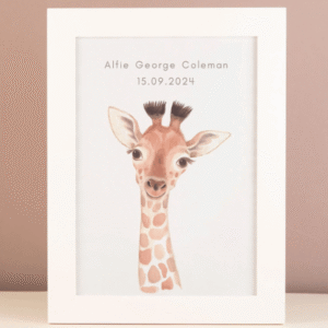 Personalised New Born Giraffe Framed Print from Card Factory showing a sketched baby giraffe with a name and date in a white frame