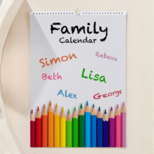 Personalised Our Family Calendar from Card Factory showing a colourful family calendar design