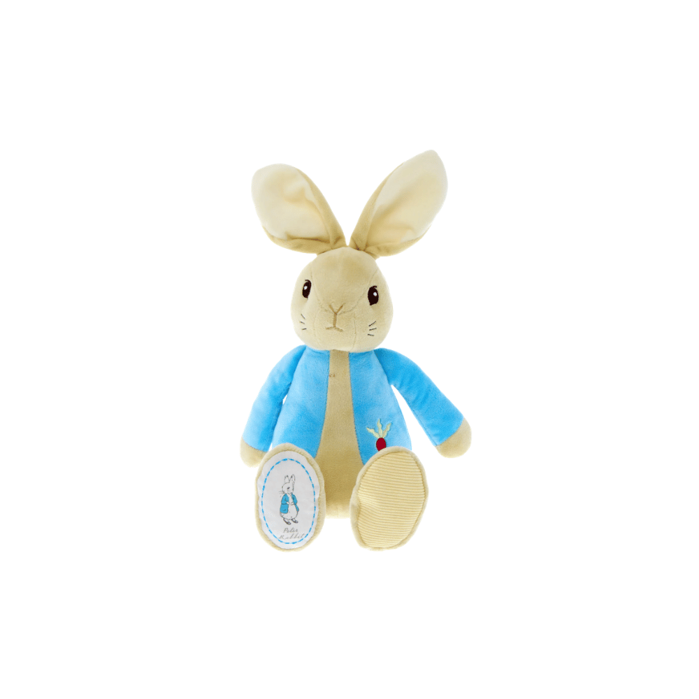 Peter Rabbit Soft Toy from Card Factory showing his blue jacket, radish motif and illustrated foot