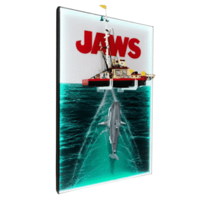 Wall Display Frame for LEGO® Ideas Jaws 21350 from BrickZoneHub showing the boat and shark against an ocean backdrop