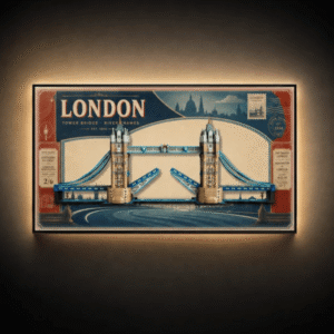 Wall-Mounted Display Frame Compatible with LEGO® Tower Bridge Set from BrickZoneHub showing Tower Bridge against a vintage London poster-style background