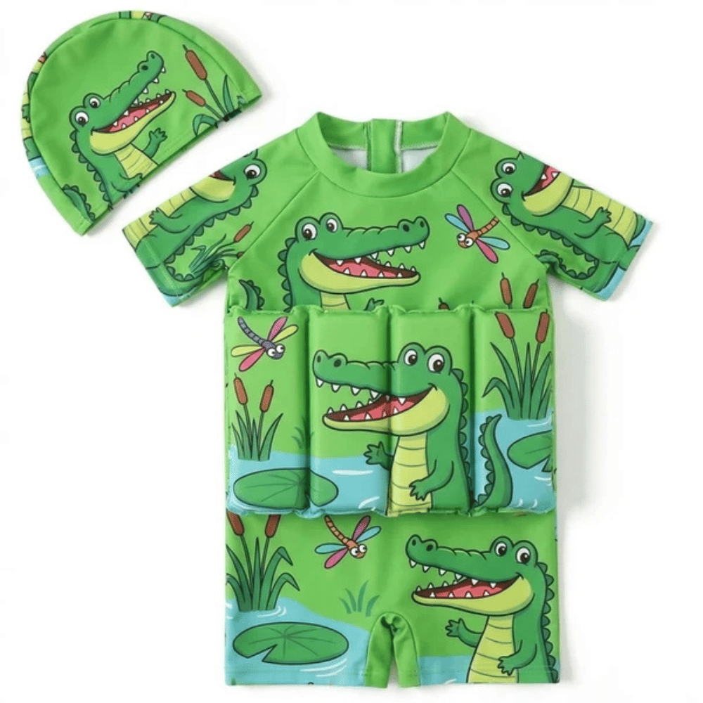 Wild Animals FloatBuds Floatsuit from FloatBuds showing the Green Crocodile design