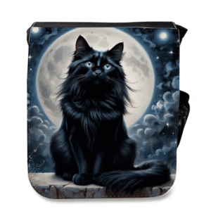 Black Cat Design Child's Backpack from Cats in Charge showing a black cat with pale green eyes against a full moon and cloudy night sky.