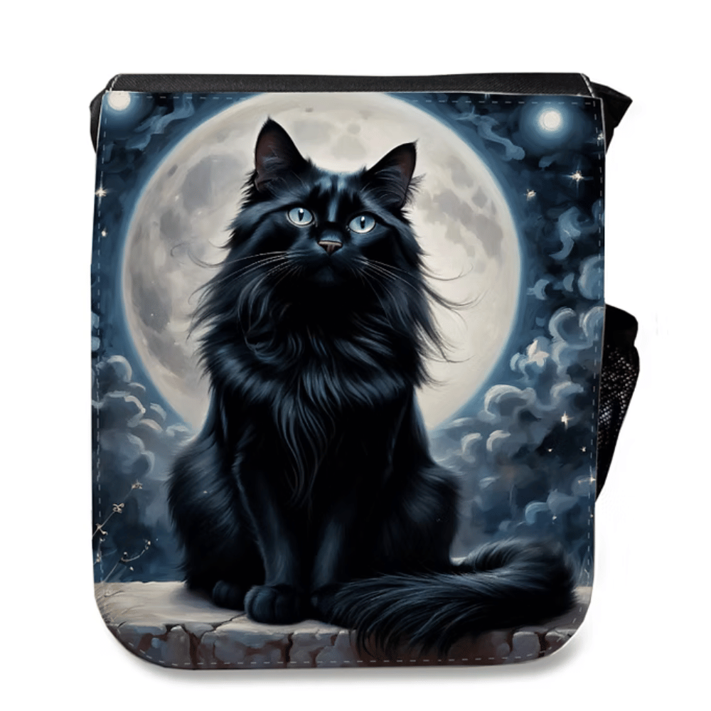 Black Cat Design Child's Backpack from Cats in Charge showing a black cat with pale green eyes against a full moon and cloudy night sky.
