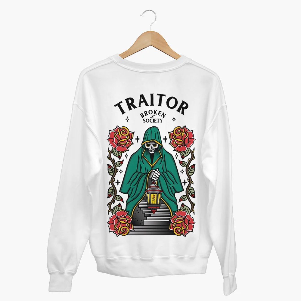 Born To Be A Traitor Sweatshirt from Broken Society showing the white back with Traitor lettering, a green cloaked skeleton, lantern and red roses.