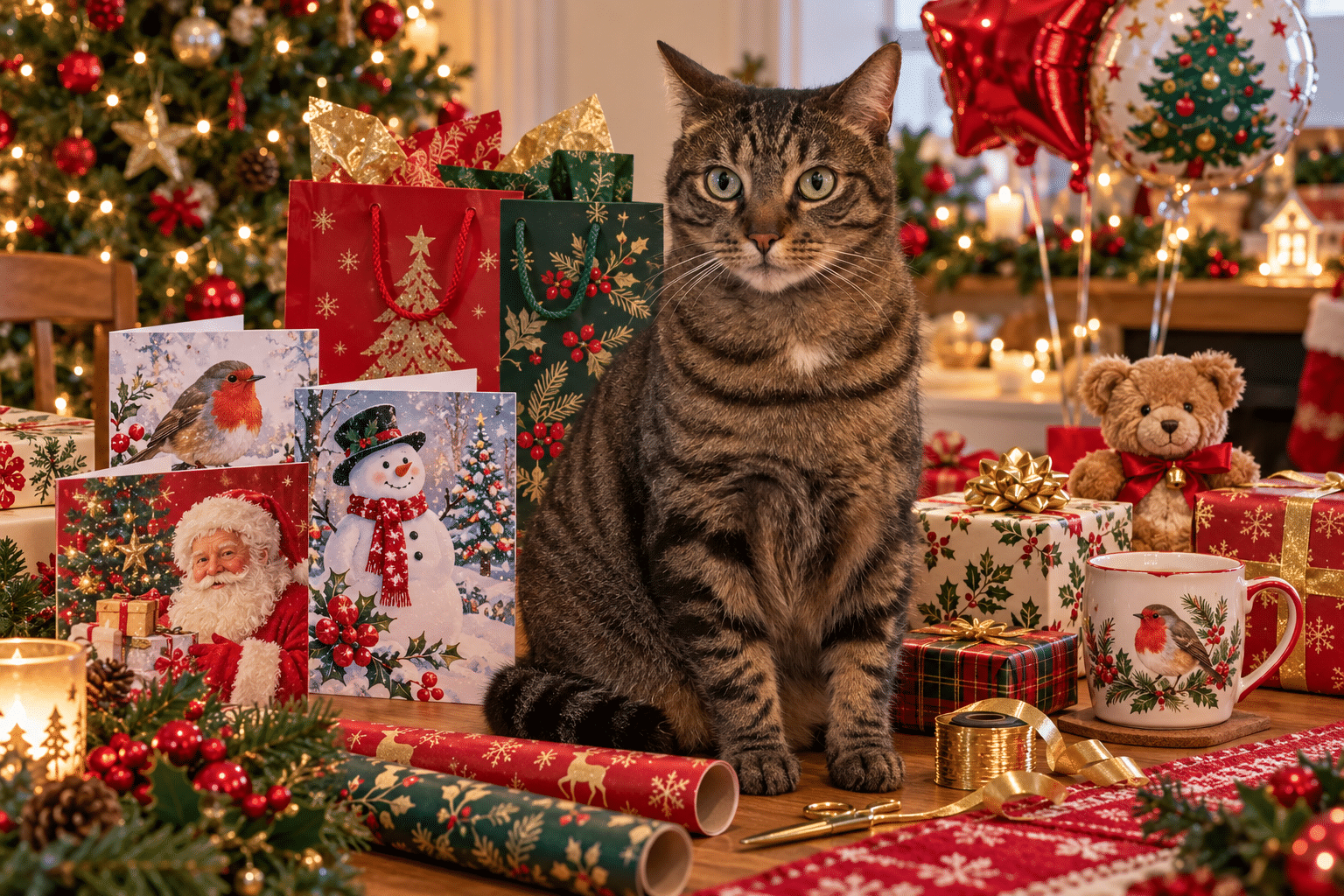 Charlie the tabby cat sitting beside Christmas cards, festive gift bags, wrapped presents, a teddy bear and a mug, with balloons and a decorated Christmas tree behind him. Representing Card Factory.