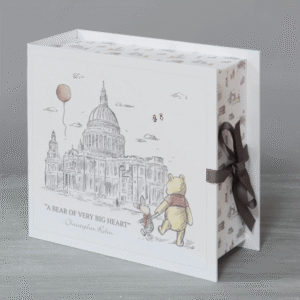 Christopher Robin Keepsake Box Bear of Very Big Heart from The Home of Characters showing Pooh and Piglet beside a London illustration with a grey ribbon bow