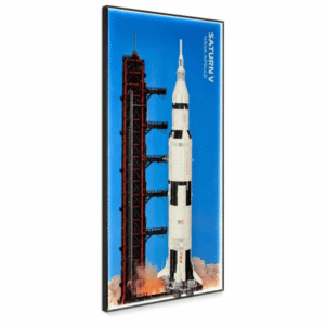 Display Case Compatible with LEGO® NASA Apollo Saturn V from BrickZoneHub showing an angled view of the black frame with a rocket and launch tower scene