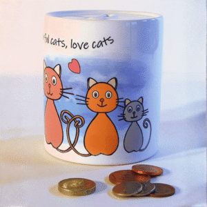 Happy Cats Money Bank from Cats in Charge featuring a cheerful cat design on a white ceramic money box