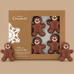 Hotel Chocolat A Dozen Gingerbread Men from Lush Lobster featuring twelve chocolate gingerbread figures in a windowed gift box