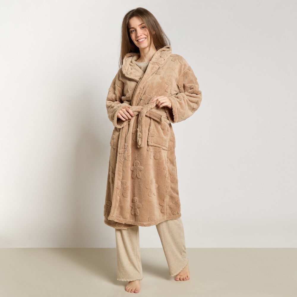 OHS Tufted Gingerbread Man Teddy Fleece Dressing Gown from OHS showing the beige gingerbread pattern on a model