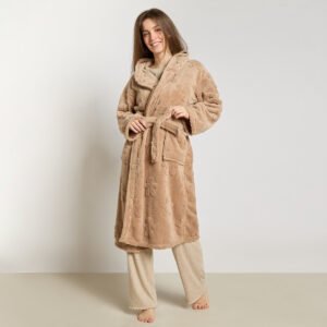 OHS Tufted Gingerbread Man Teddy Fleece Dressing Gown from OHS showing the beige gingerbread pattern on a model