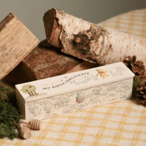 Winnie The Pooh & Friends Birth Certificate Tube from The Home of Characters showing a cream presentation box with Hundred Acre Wood illustrations and colourful character details